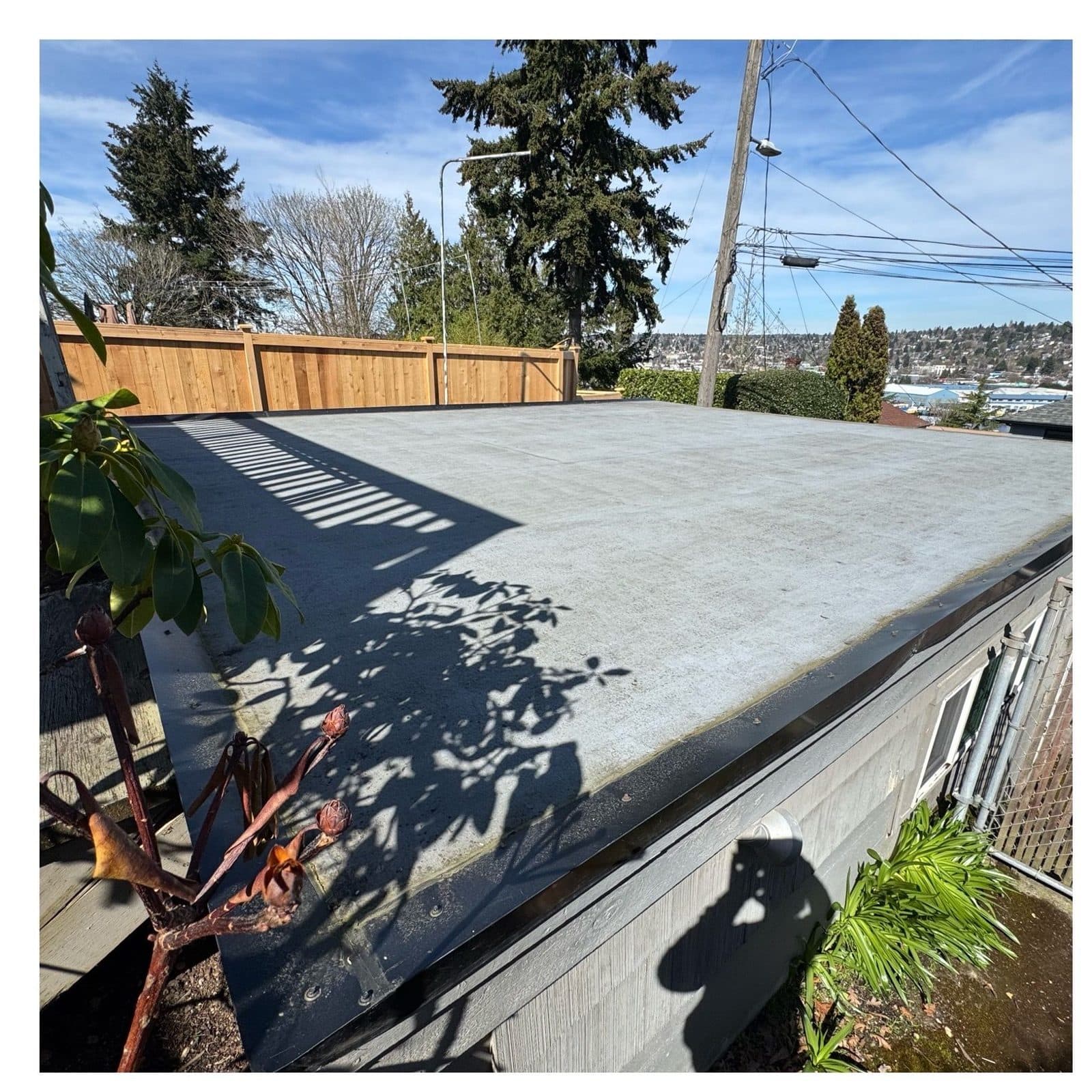 Flat garage roof cleared and clean, cedar fence and treeline behind